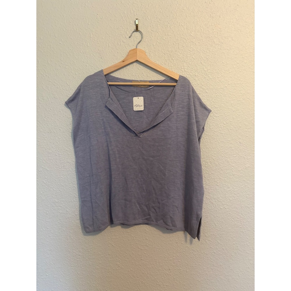 Free People Womens Split Neck Knit Cap Sleeve Top Lavender Linen Blend Med NWT